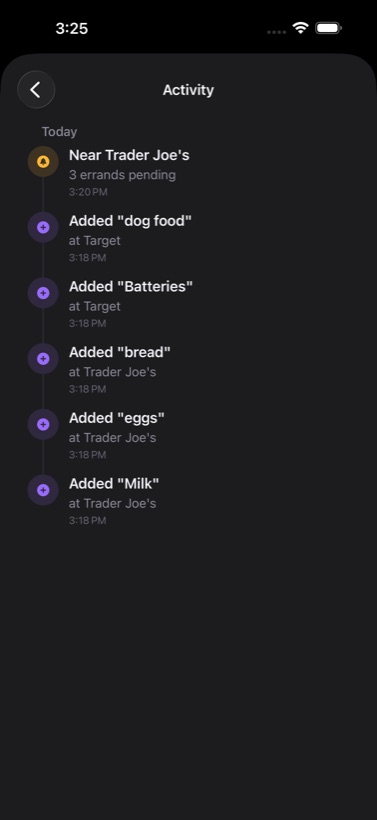 Activity timeline of errands added and alerts received