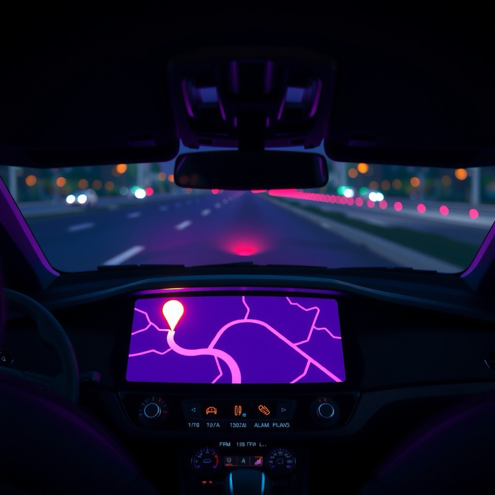A car dashboard at night showing a navigation map with a route and a glowing store pin