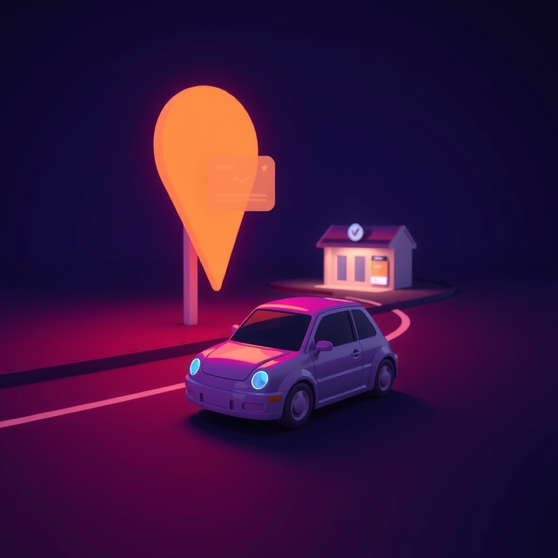 Illustration of a car driving at night toward a store marked with a glowing map pin
