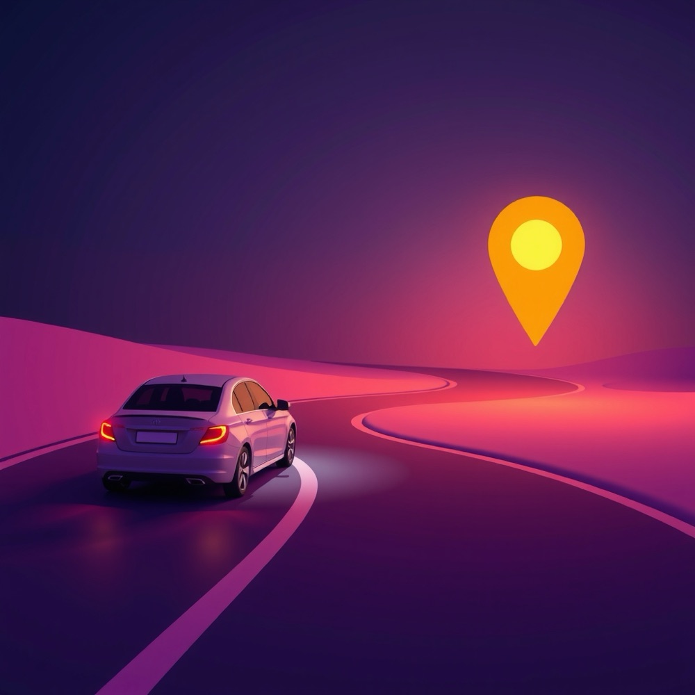 A car approaching a glowing store pin on a night road