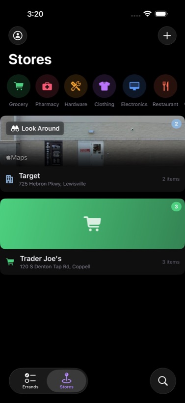 Saved stores organised by category